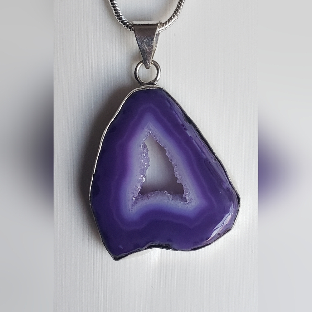 Pendant Only, Purple Agate Slice W/ Druzy Center, Sterling Silver, New, Handmade